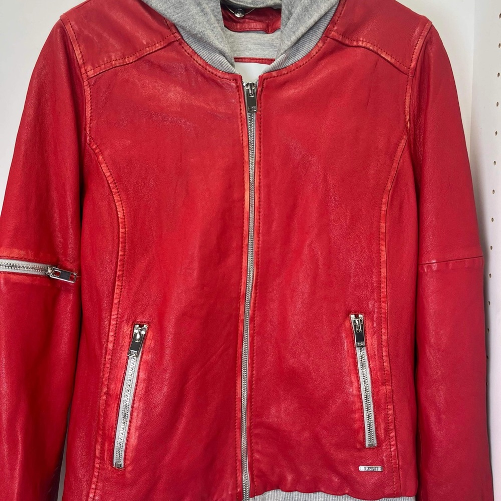 Rino&Pelle  red faux leather jacket size 40 gray jersey lining with hood